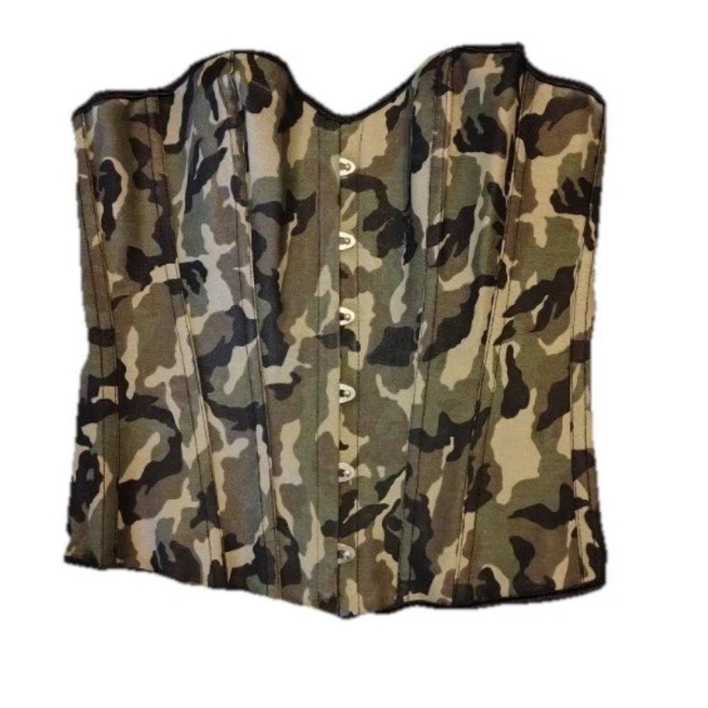 Camo Corset Button Front Top Womens M Boned Adjustable Green Brown